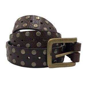 Kim White Brown Leather Studded Belt Sz Medium Brass Buckle Convertible USA